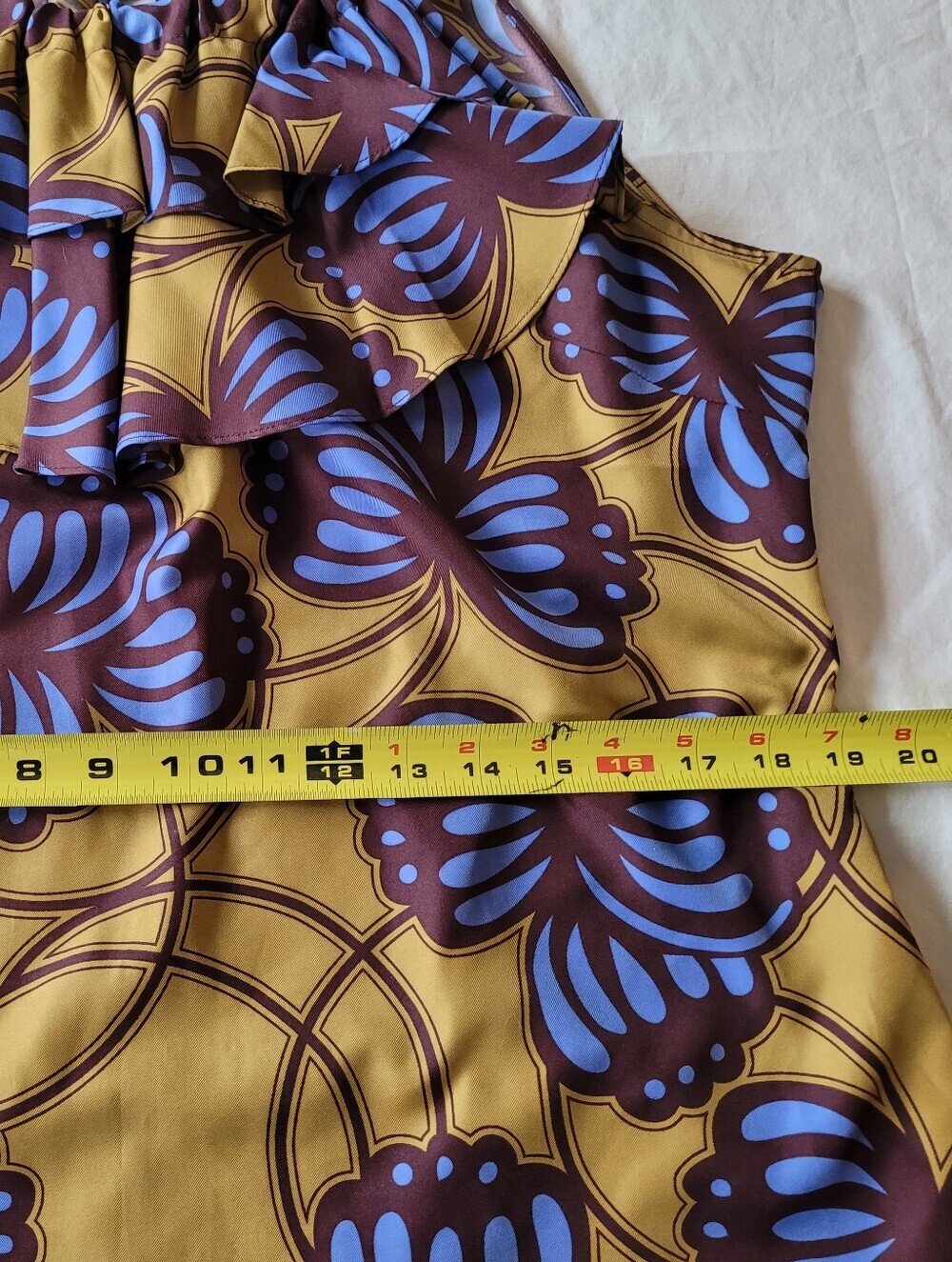 Banana Republic Sleeveless Tie-Neck Floral Print Top in Mustard, Blue & Brown L - Picture 7 of 10